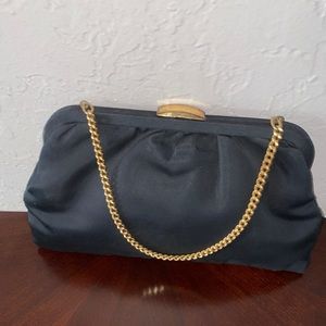 Vintage Engber Ingber Satin Black Evening Purse Bag Clutch Very Chic Metal Strap